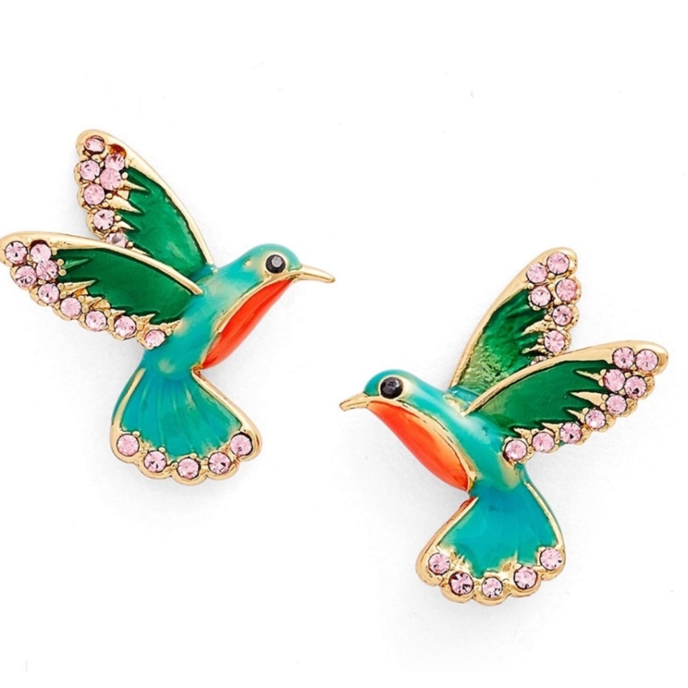 kate spade Green and Turquoise Hummingbird Stud Earrings with Pink Accents